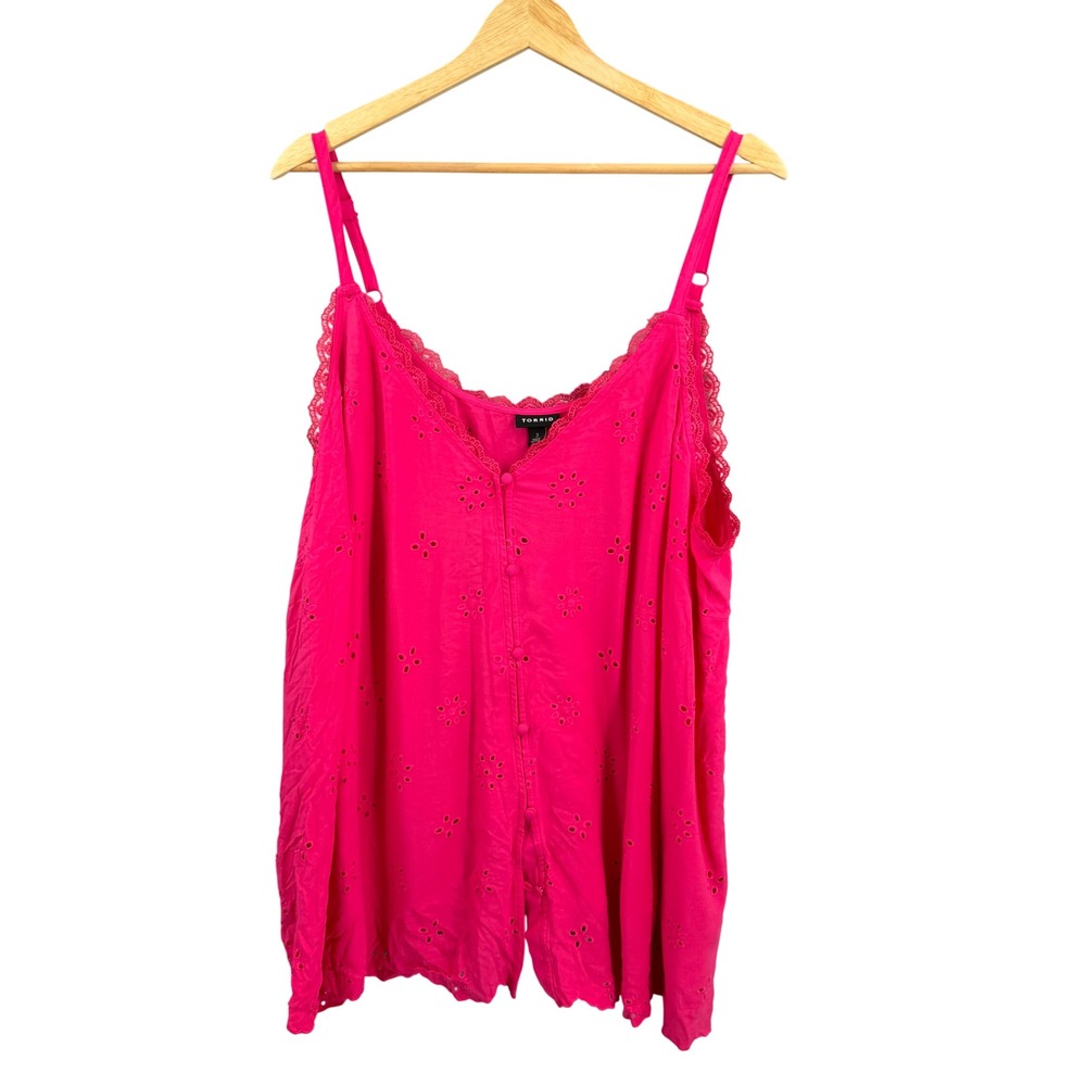 Torrid Sophie Eyelet Swing Cami Size 3X Pink Peacock Lace Trim Button Front New